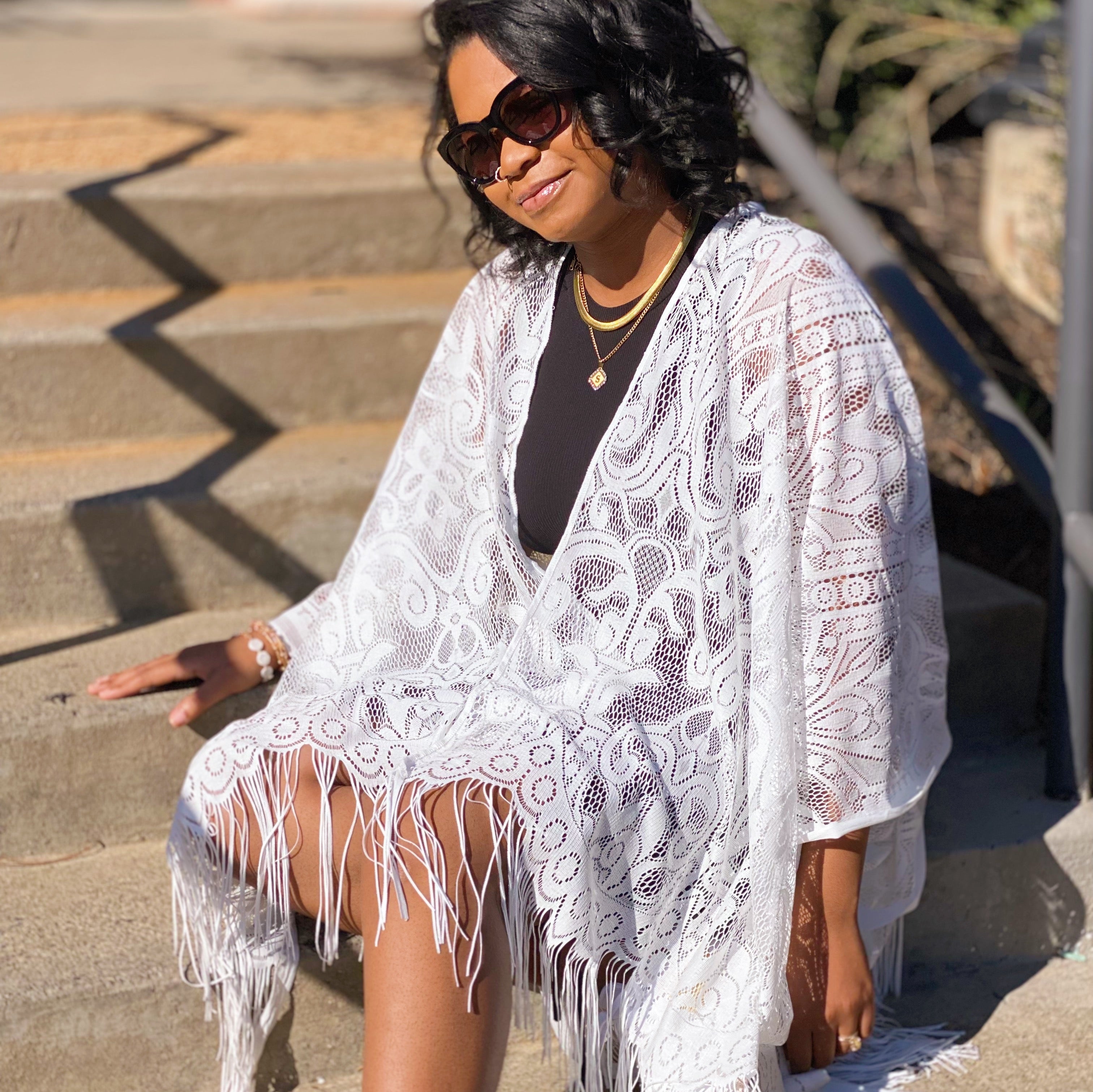 Elegant Bohemian Lace Fringed Kimono Beach Cover Up - Rosetta Creative Boutique